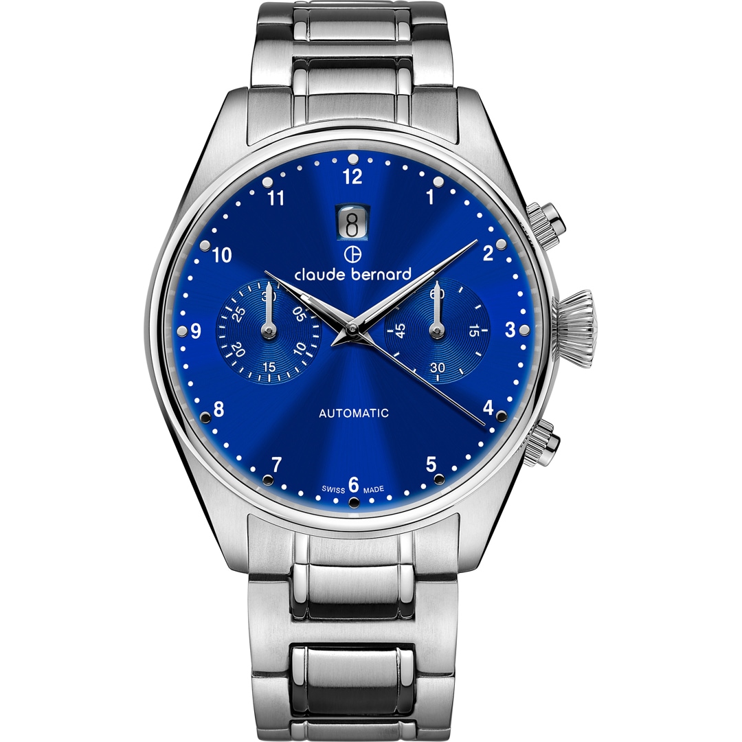 Claude Bernard Proud Heritage Automatic Chronograph Silver Blue gents watch 08006 3M BUIN