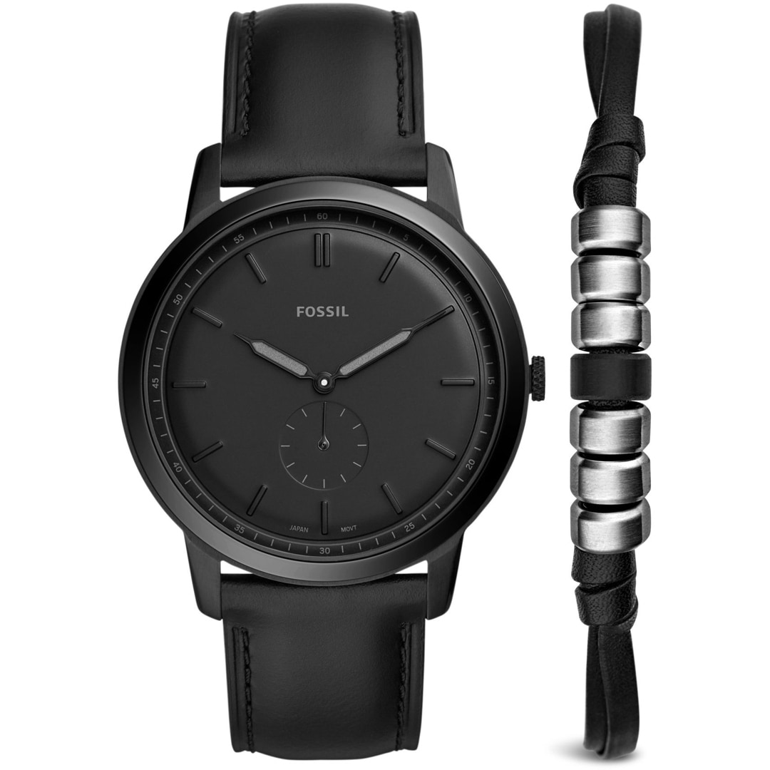 Montre the minimalist à deals deux aiguilles en cuir noir