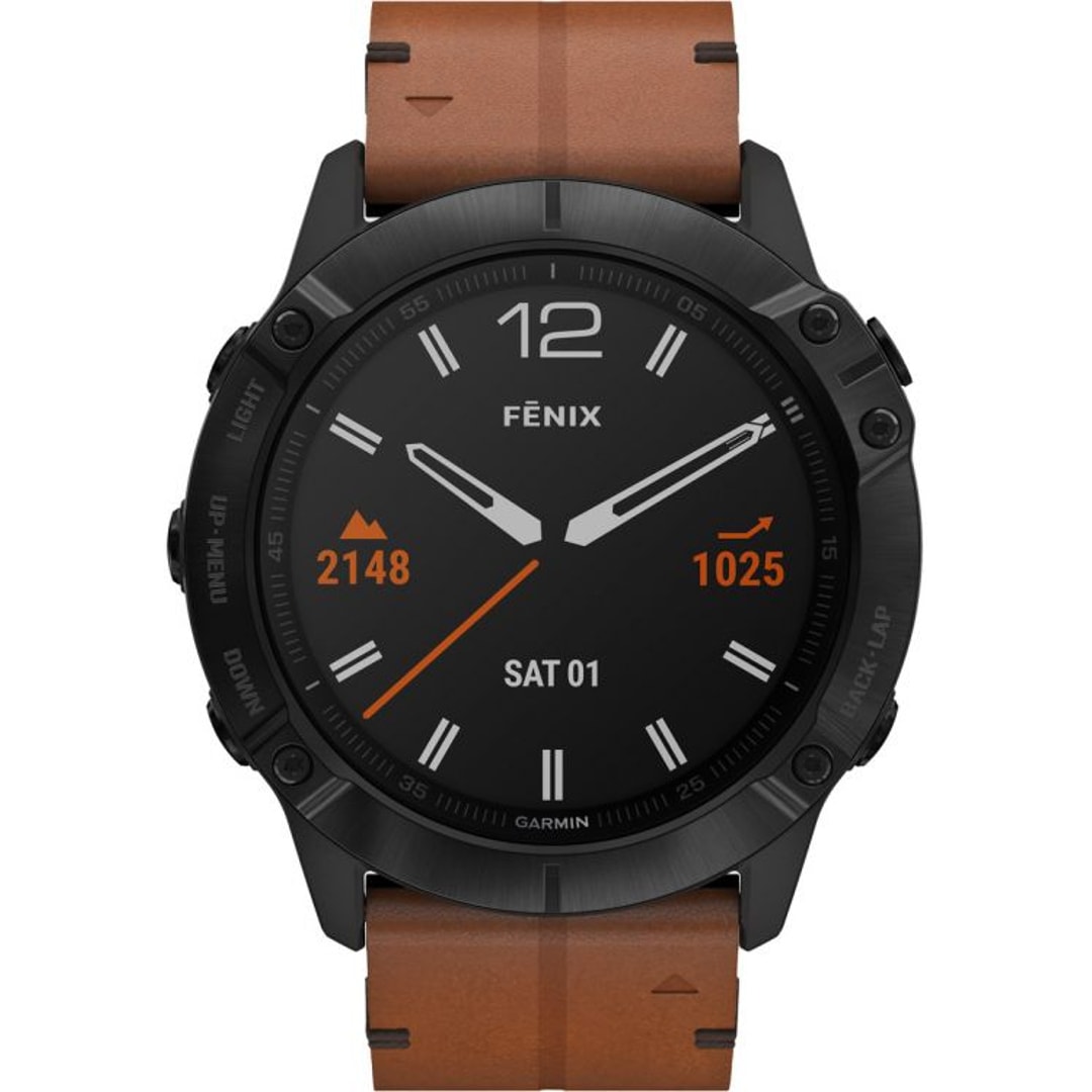 010-02157-14  Garmin Fenix 6X Pro Sapphire Revêtement en carbone amorphe  noir avec bracelet en cuir marron