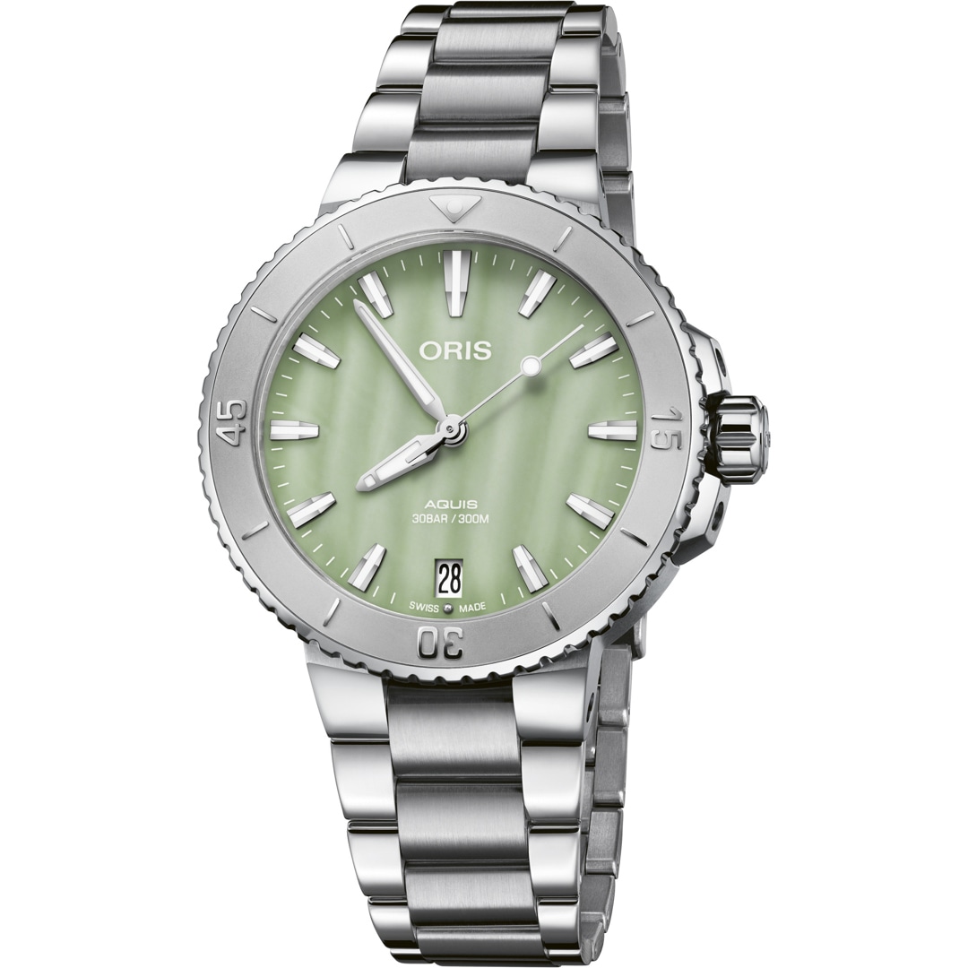 01 733 7770 4157 07 8 18 05P Oris Aquis Date Seafoam Green 36.5mm