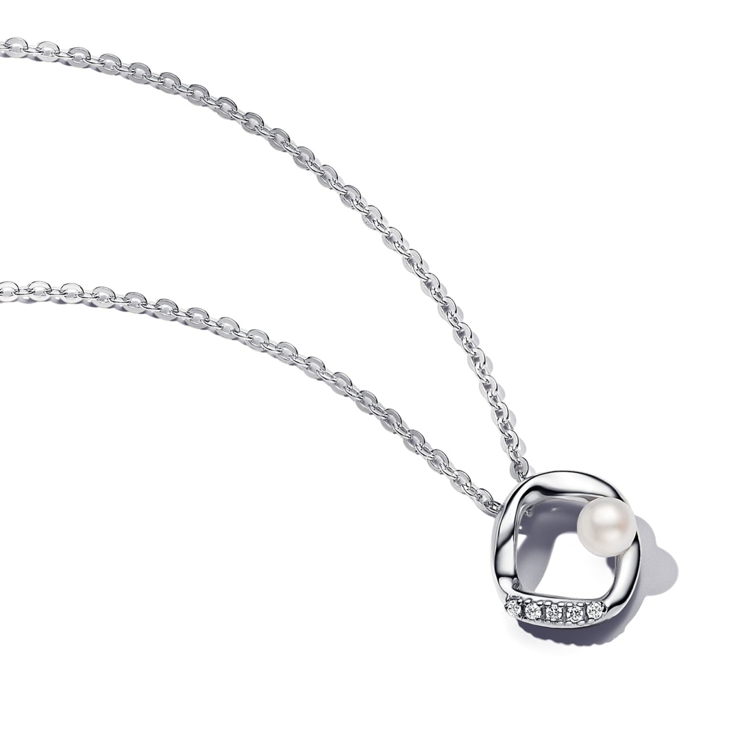393303C01 45 Pandora Essence Organically Shaped Pave Circle Treated Freshwater Cultured Pearl Collier Necklace 925 Silver