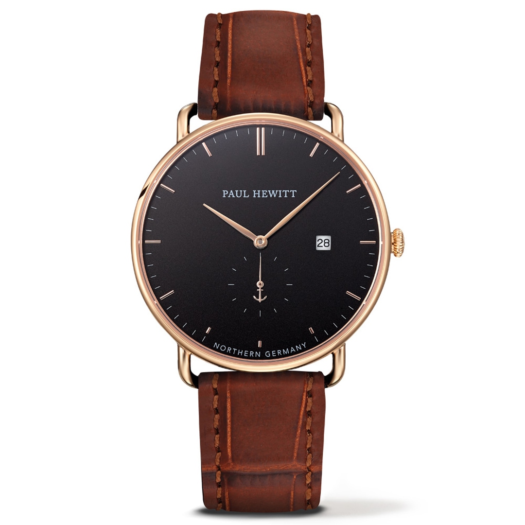 Paul Hewitt Grand Atlantic Line Black Sea IP Gold Leather Croco Dark Brown  Ø 42 gents watch PH-TGA-G-B-14