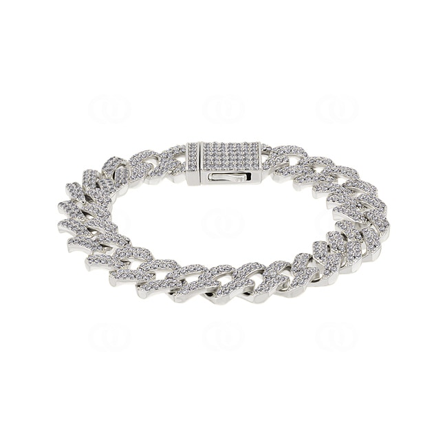 12mm Prong Cuban Link Curb Bracelet White Gold plated with Cubic Zirconia - AR0002WT-S-12MM