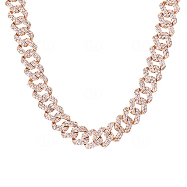 12mm Prong Cuban Link Curb Chain Rose Gold plated with Cubic Zirconia - KE0002WT-R-12MM