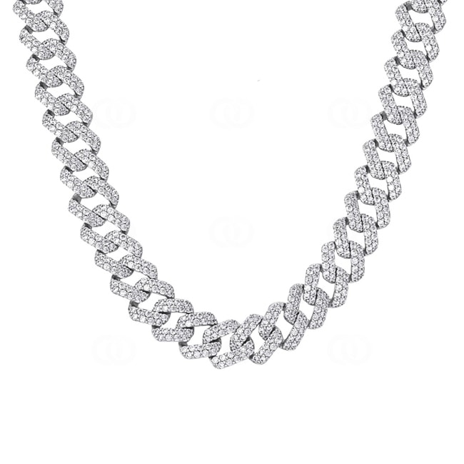12mm Prong Cuban Link Curb Chain White Gold plated with Cubic Zirconia - KE0002WT-S-12MM