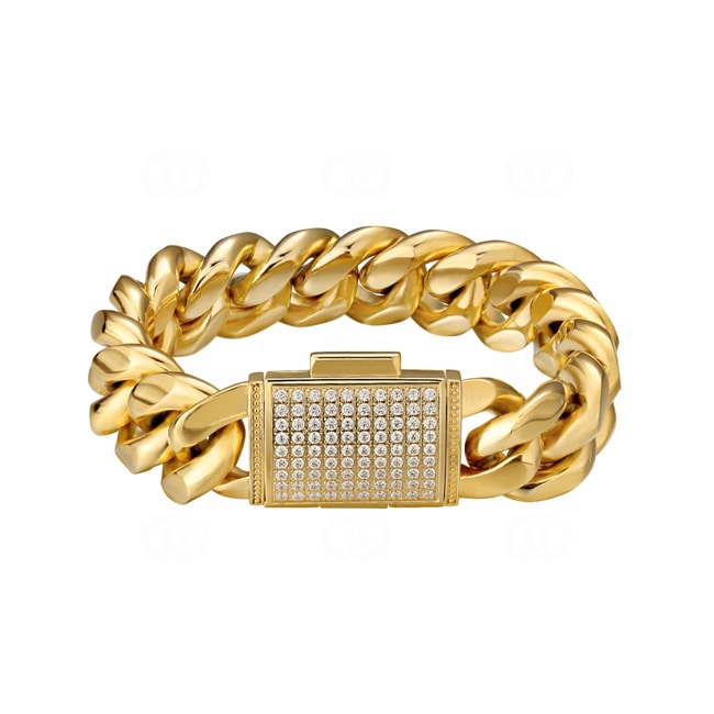 18mm Cuban Link Curb Bracelet Gold plated with Cubic Zirconia Clasp - AR0012-G-18MM