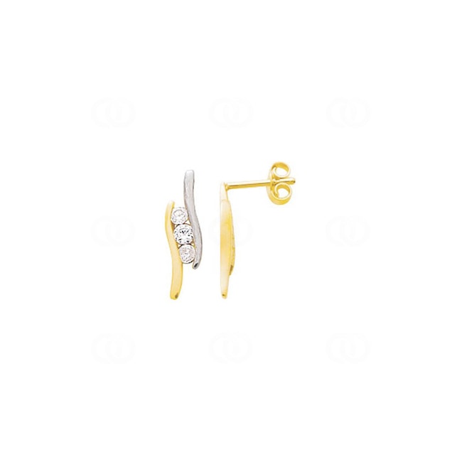 Clous d'oreilles or jaune 750/18 ct bicolore avec zircones trilogie - 2.028.Z3