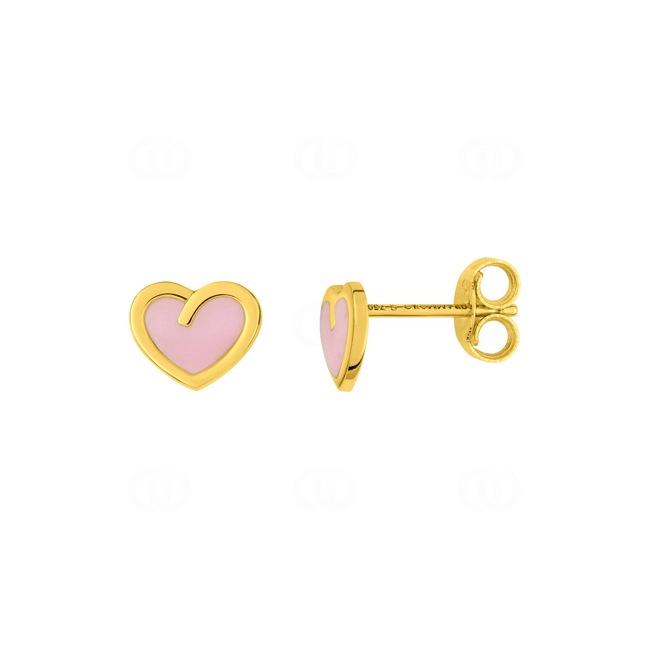 Stud Earrings 750/18 K Yellow Gold with pink Lacquer, Heart Stud Earrings 750/18 K Yellow Gold with pink Lacquer, Heart - 8BK213JL