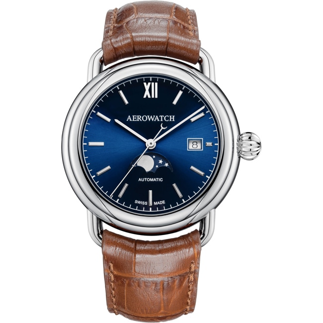 Aerowatch 1942 Automatic Moon Phase Braun / Silbrig & Blau - A 77983 AA06