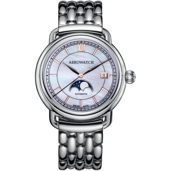 Aerowatch 1942 Automatic Moon Phase Silver / Perlmutt - A 77983 AA02 M