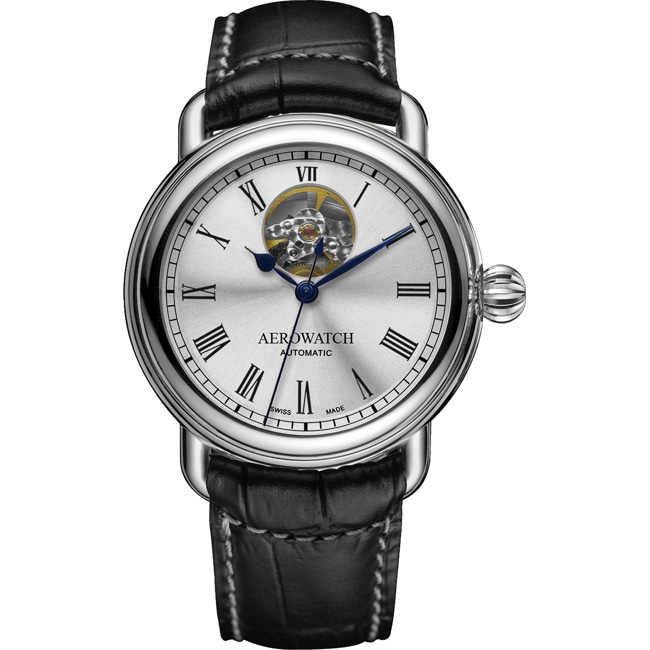 Aerowatch 1942 Automatic Open Heart en cuir noir - A 68900 AA03