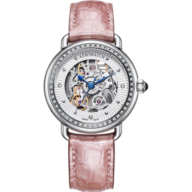Aerowatch 1942 Lady Automatic Skeleton Diamonds en cuir rose - A 60960 AA18 DIA