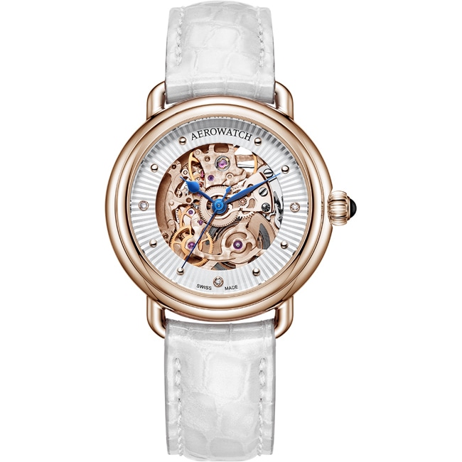 Aerowatch 1942 Lady Automatic Skeleton en cuir blanc - A 60960 RO19