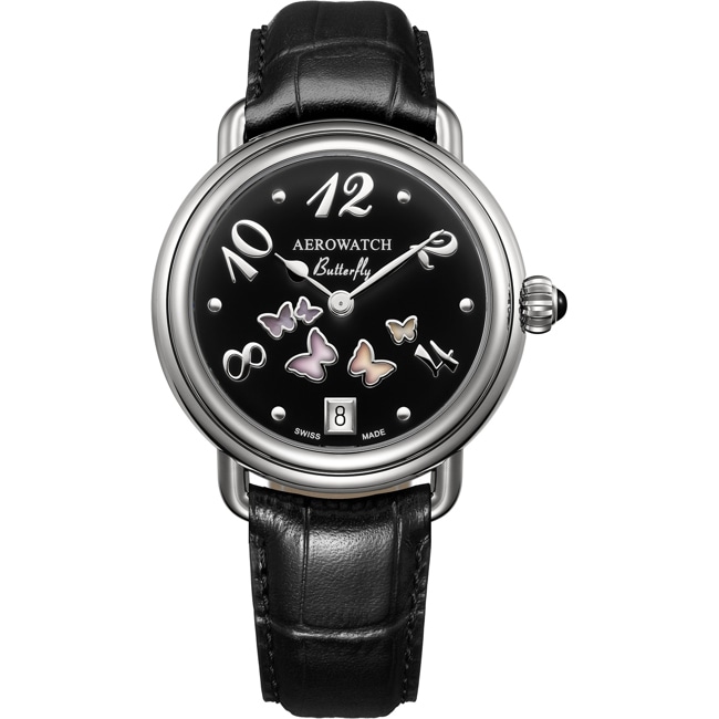 Aerowatch 1942 Lady Butterfly Black Leather - A 44960 AA03