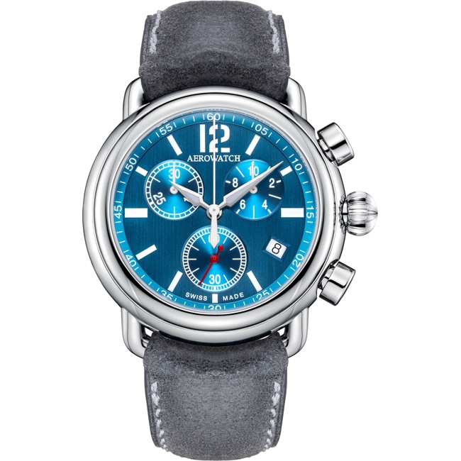 Aerowatch 1942 Quartz Chrono Leather Grey / Silvery & Blue Ø 44mm - A 79100 AA01