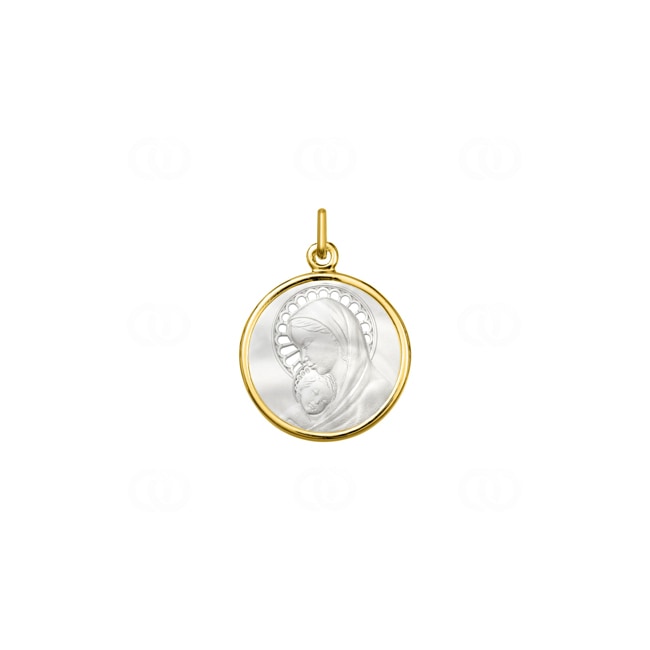 Anhänger 750/18 K Gelbgold Jungfrau Maria und Kind mit Perlmutt Ø 20mm - AY6029