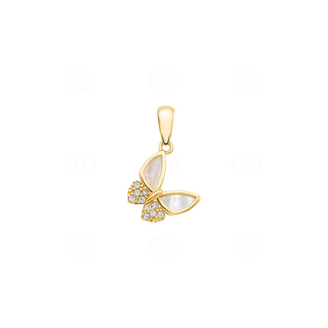 Pendentif or jaune 750/18 ct avec nacre & zircones, Papillon - 627751ZIRG