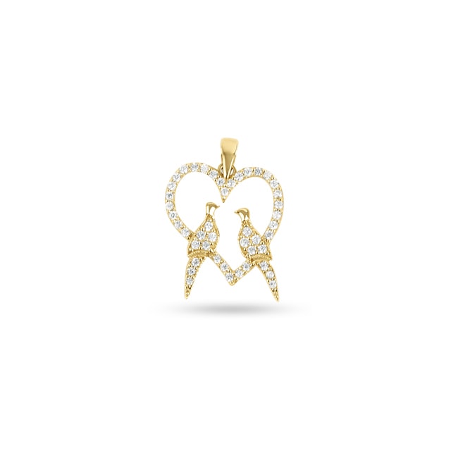 Pendant 750/18 K Yellow Gold Heart with Doves & Cubic Zirconia - PP0343-01