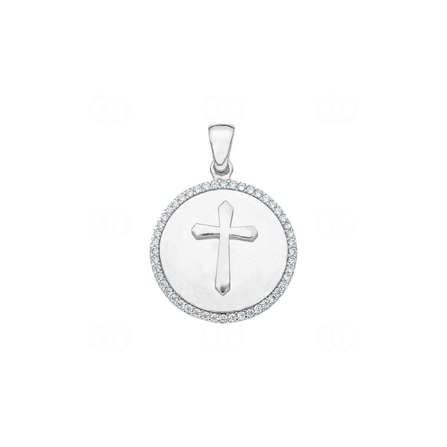 Pendentif argent 925 rhodié avec zircone, Croix Ø 19mm Pendentif argent 925 rhodié avec zircone, Croix Ø 19mm - AH925002
