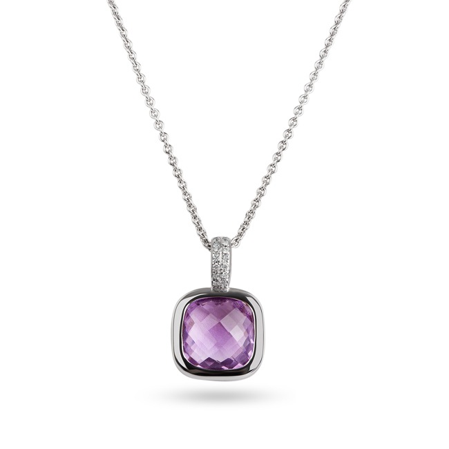 Collier avec pendentif or gris 750/18 ct avec diamants 0.14 ct H/si & améthyste - 413574741