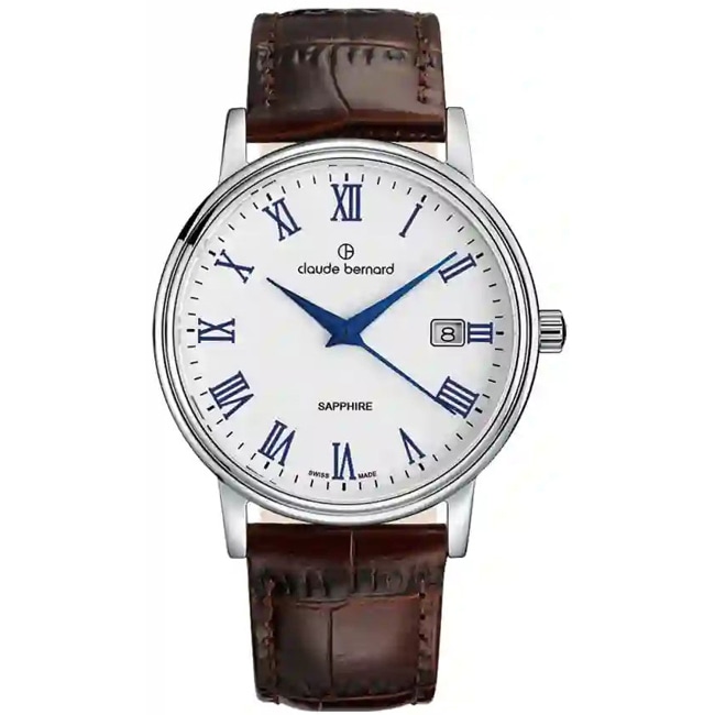 Claude Bernard Classic Gents Date Silver & White / Brown 42mm  - 53009 3 ARBUN