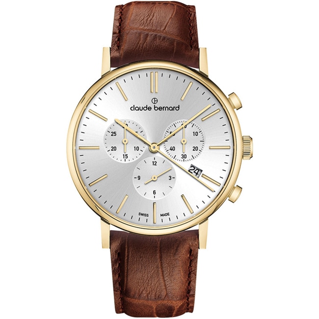 Claude Bernard Slim Line Chronograph Gold & Silvery / Brown - 10258 37J AID