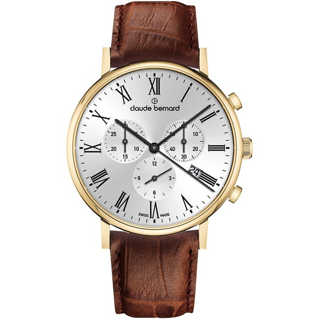 Claude Bernard Slim Line Chronograph Gold & Silvery / Brown - 10258 37J AR