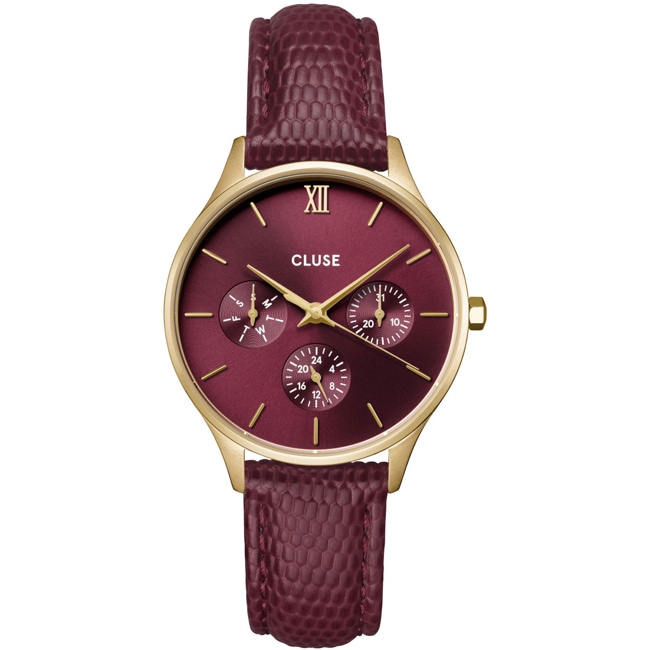 Cluse Minuit Multifunction Leather Dark Cherry Lizard / Gold Colour - CW10706