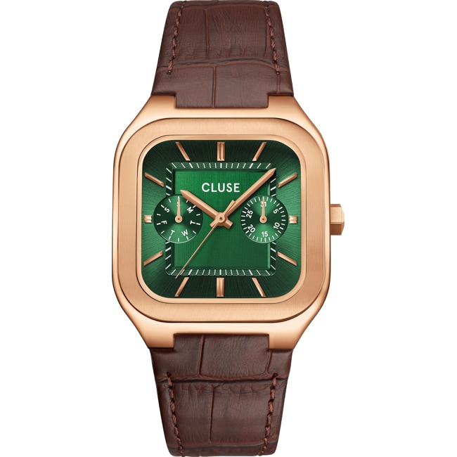 Cluse Quadrus Multifunction Day Date Leather Brown / Rose & Green - CW26205