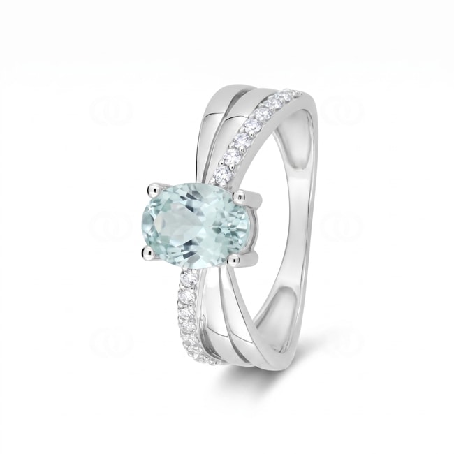 Cocktail Ring 750/18 K White Gold with oval Aquamarine & Cubic Zirconia - 1.7739.M1