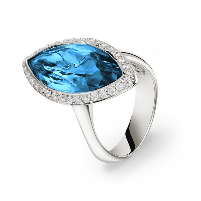 Bague cocktail or gris 750/18 ct avec topaze bleue marquise & diamants 0.51 ct H/si, Ø 54 Bague cocktail or gris 750/18 ct avec topaze bleue marquise & diamants 0.51 ct H/si, Ø 54 - PR7520-04-54