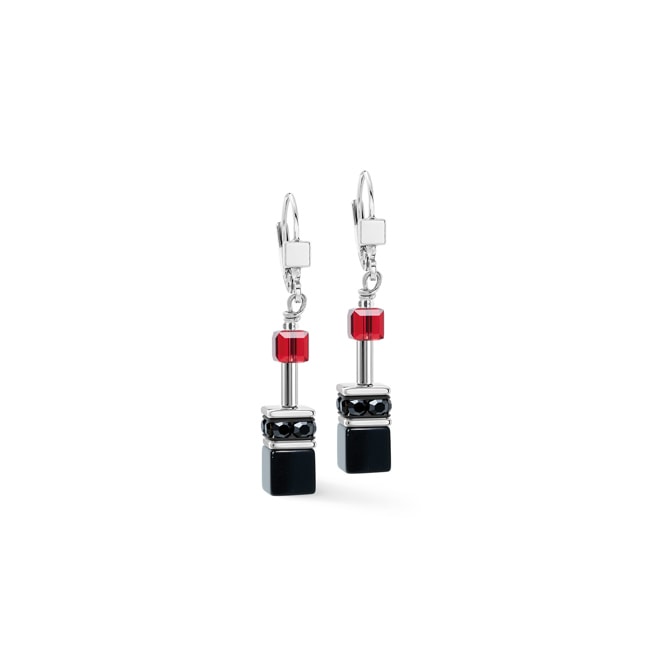 Coeur de Lion Geocube® Iconic Drop Earrings Ruby Noir Silver - 2838/20-0313