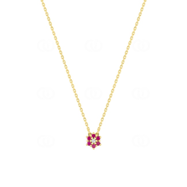 Collier or jaune 750/18 ct Fleur avec rubis & diamant 0.01 ct - 3.7442.R0
