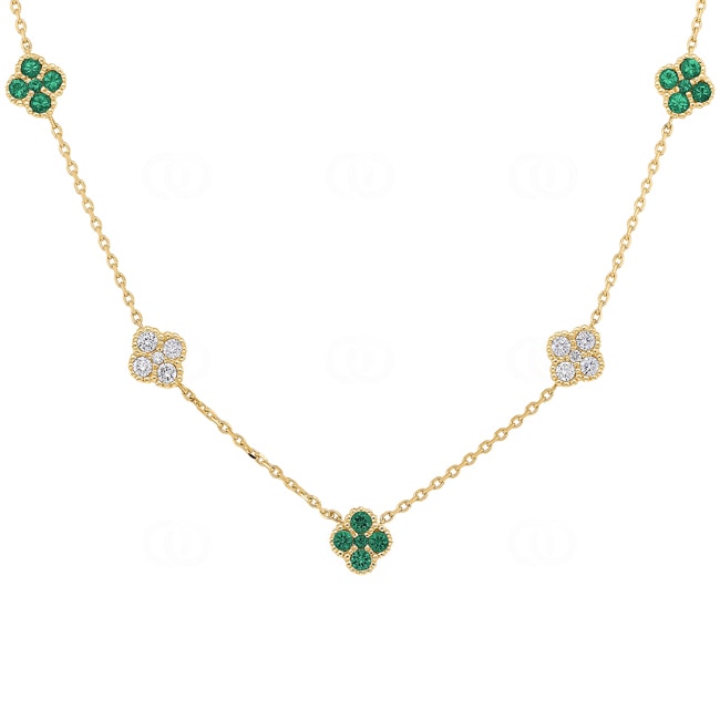 Necklace 750/18 K Yellow Gold Cloverleaves with Emeralds & Diamonds 0.33 ct H/si - KE-00669-SMA-GG