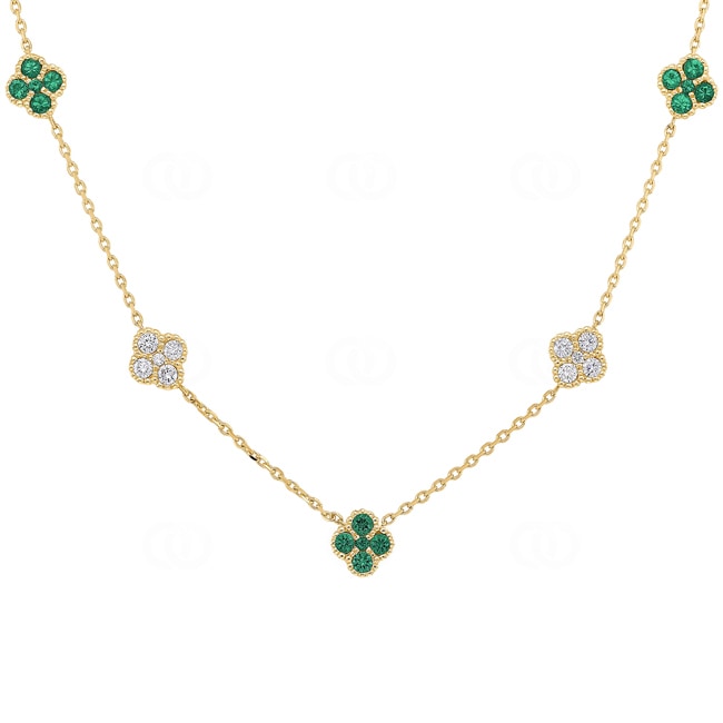 Collier 750/18 K Gelbgold Kleeblätter mit Smaragden & Diamanten 0.33 ct H/si - KE-00669-SMA-GG