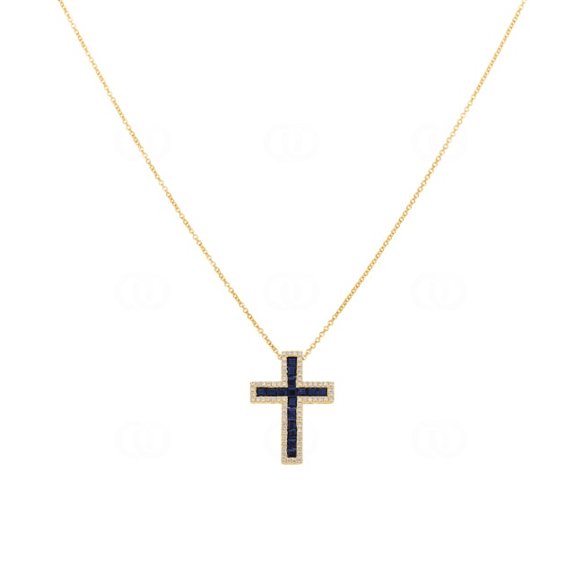 Collier 750/18 K Gelbgold mit Saphiren & Diamanten 0.23 ct H/si, Kreuz - KE-118313-SAF-GG