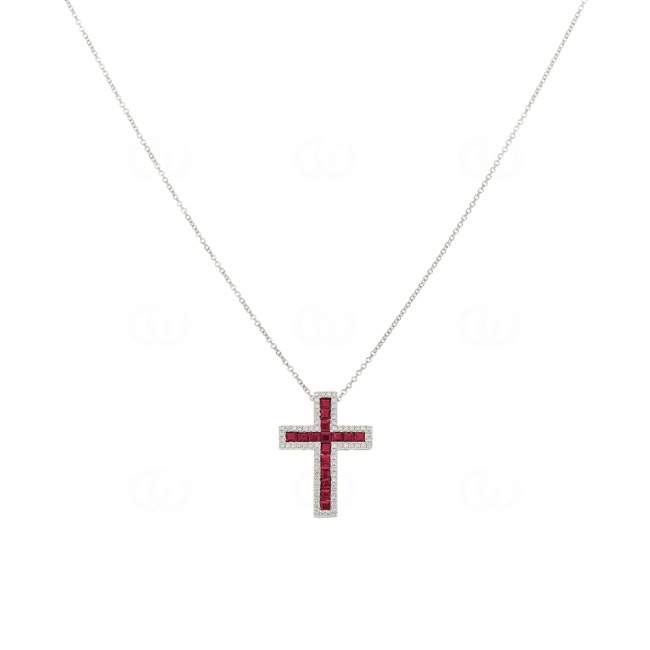 Collier 750/18 K Weissgold mit Rubinen & Diamanten 0.23 ct H/si, Kreuz - KE-118313-RUB-WG
