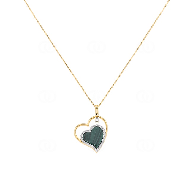 Necklace with Pendant 750/18 K Yellow Gold with Malachite & Diamonds 0.15 ct H/si - KE-029219-GG