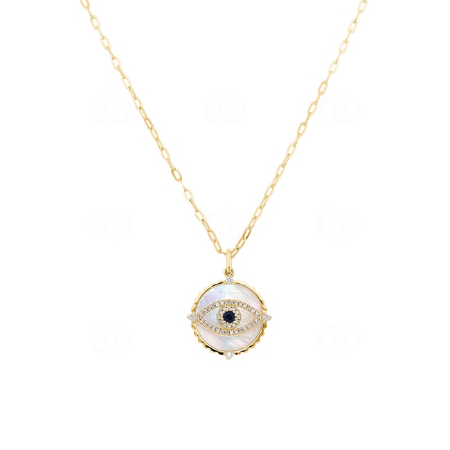 Collier mit Anhänger 750/18 K Gelbgold mit Saphir & Diamanten 0.15 ct H/si, Evil Eye - KE-51425-GG