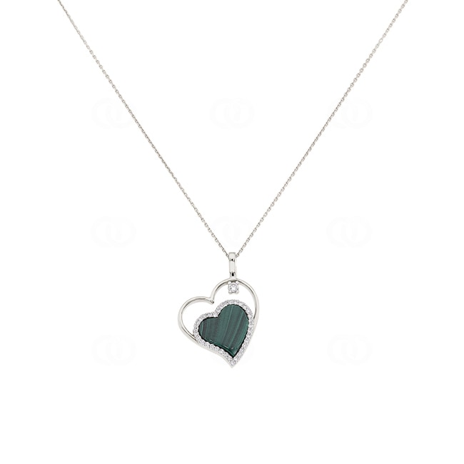 Necklace with Pendant 750/18 K White Gold with Malachite & Diamonds 0.15 ct H/si - KE-029219-WG