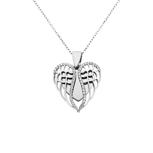 Collier argent 925 rhodié Cœur avec zirconia et aile d'ange - KE925015