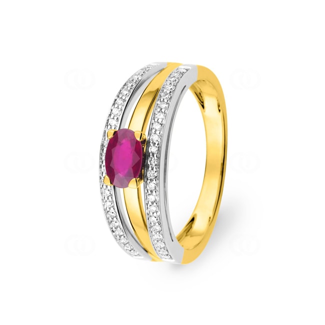 Bague or bicolore 750/18 ct avec rubis ovale et diamants 0.21 ct.  - 1.7209.R2