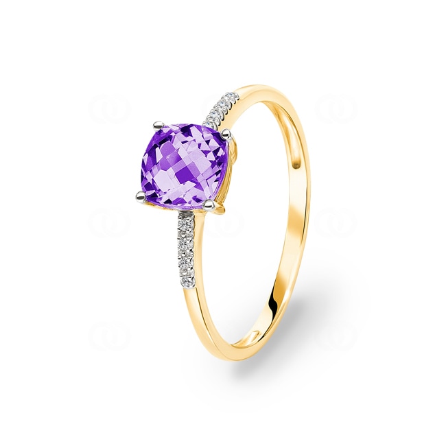 Damenring 750/18 K Gelbgold mit Amethyst Kissen und Diamanten 0.02 ct H/si - RI-48525-AME-GG