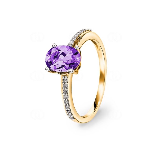 Damenring 750/18 K Gelbgold mit Amethyst oval und Diamanten 0.09 ct H/si - RI-52691-AME-GG