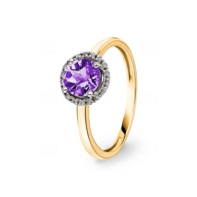 Damenring 750/18 K Gelbgold mit Amethyst rund und Diamanten 0.05 ct H/si - RI-47231-AME-GG