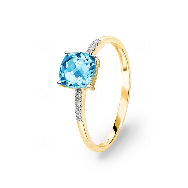 Bague or jaune 750/18 ct avec topaze bleue coussin et diamants 0.02 ct H/si - RI-48525-TOP-GG