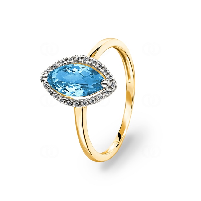Bague or jaune 750/18 ct avec topaze bleue marquise et diamants 0.06 ct H/si - RI-47271-TOP-GG