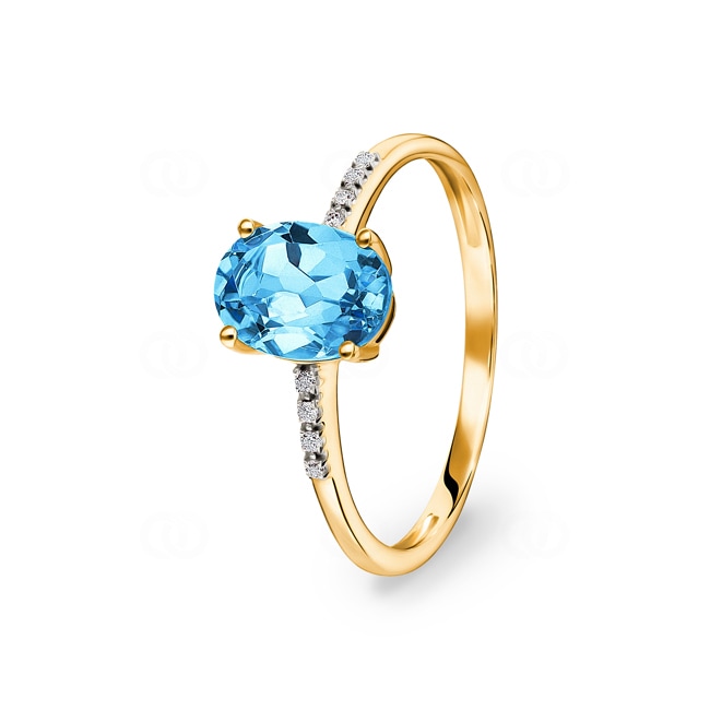 Damenring 750/18 K Gelbgold mit Blautopas oval und Diamanten 0.02 ct H/si - RI-48549-TOP-GG