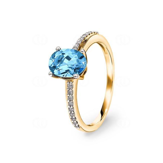 Damenring 750/18 K Gelbgold mit Blautopas oval und Diamanten 0.09 ct H/si - RI-52691-TOP-GG