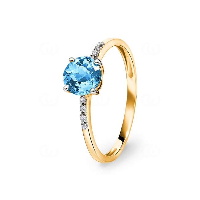 Damenring 750/18 K Gelbgold mit Blautopas rund und Diamanten 0.02 ct H/si - RI-48521-TOP-GG